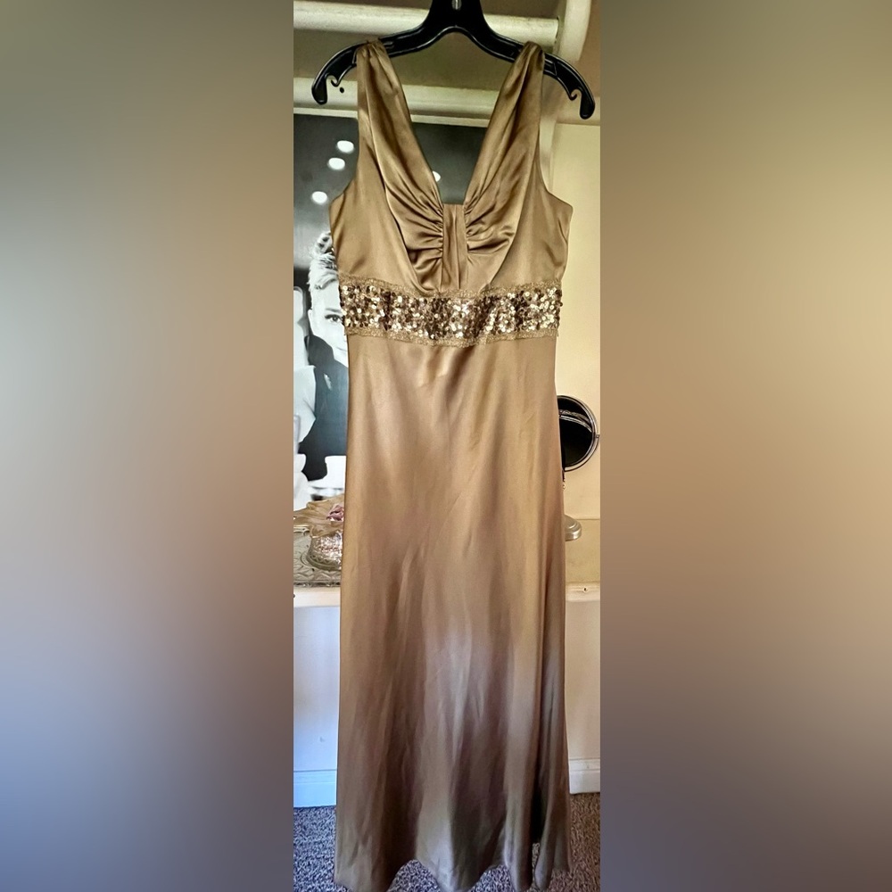 Carmen Marc Valvo Chic Elevated long Gold slip Dress with Sequin Detail